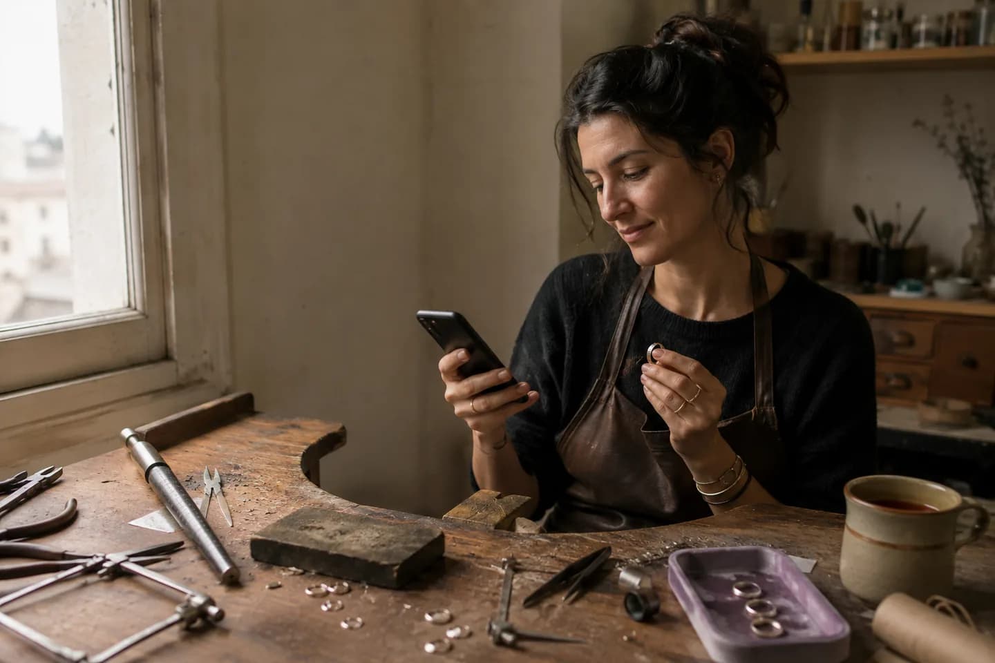 A jewellery maker checks her phone at her bench, a ring she has just finished between her fingers.