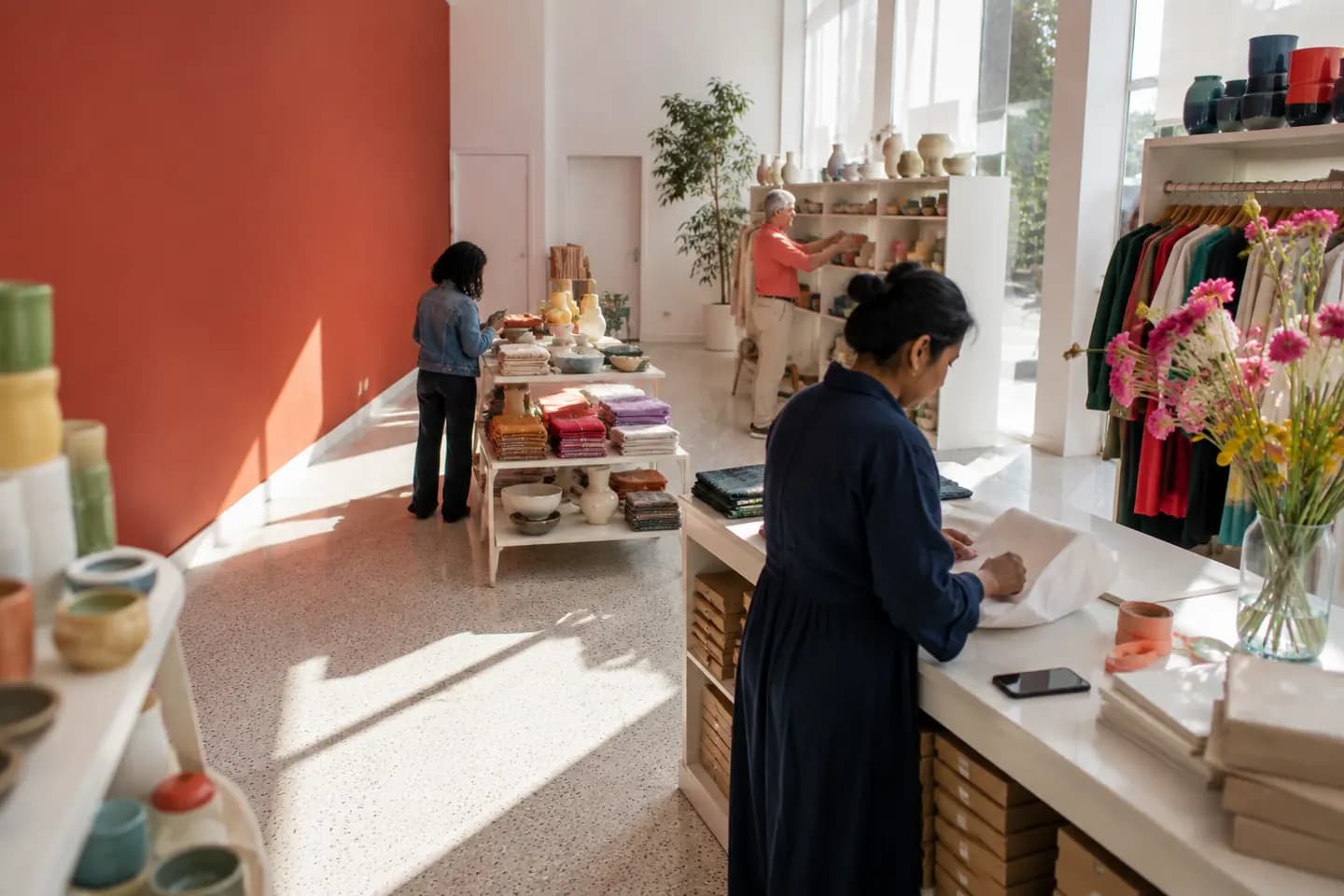 Three shopkeepers at work in a bright shop on a Saturday morning: wrapping a purchase at the counter, shelving ceramics, photographing a stack of textiles.