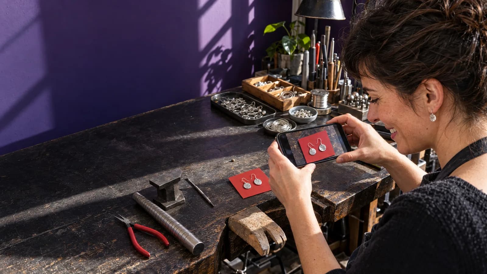 A jewellery maker smiles as she photographs a pair of silver earrings on a red card with her phone, at her jeweller's bench.